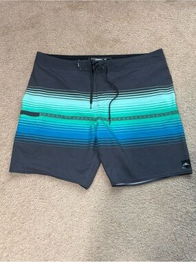 O'Neill Men’s Gray Boardshorts with Teal & Blue Stripes